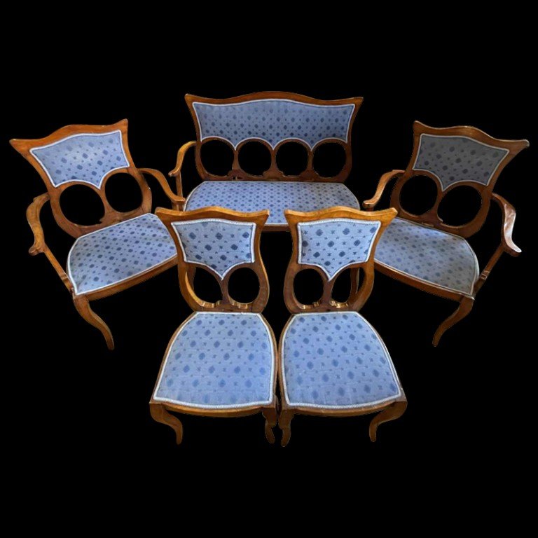 Complete Art Nouveau Living Room Set, 1 Sofa + 2 Armchairs + 2 Chairs, Ca 1900